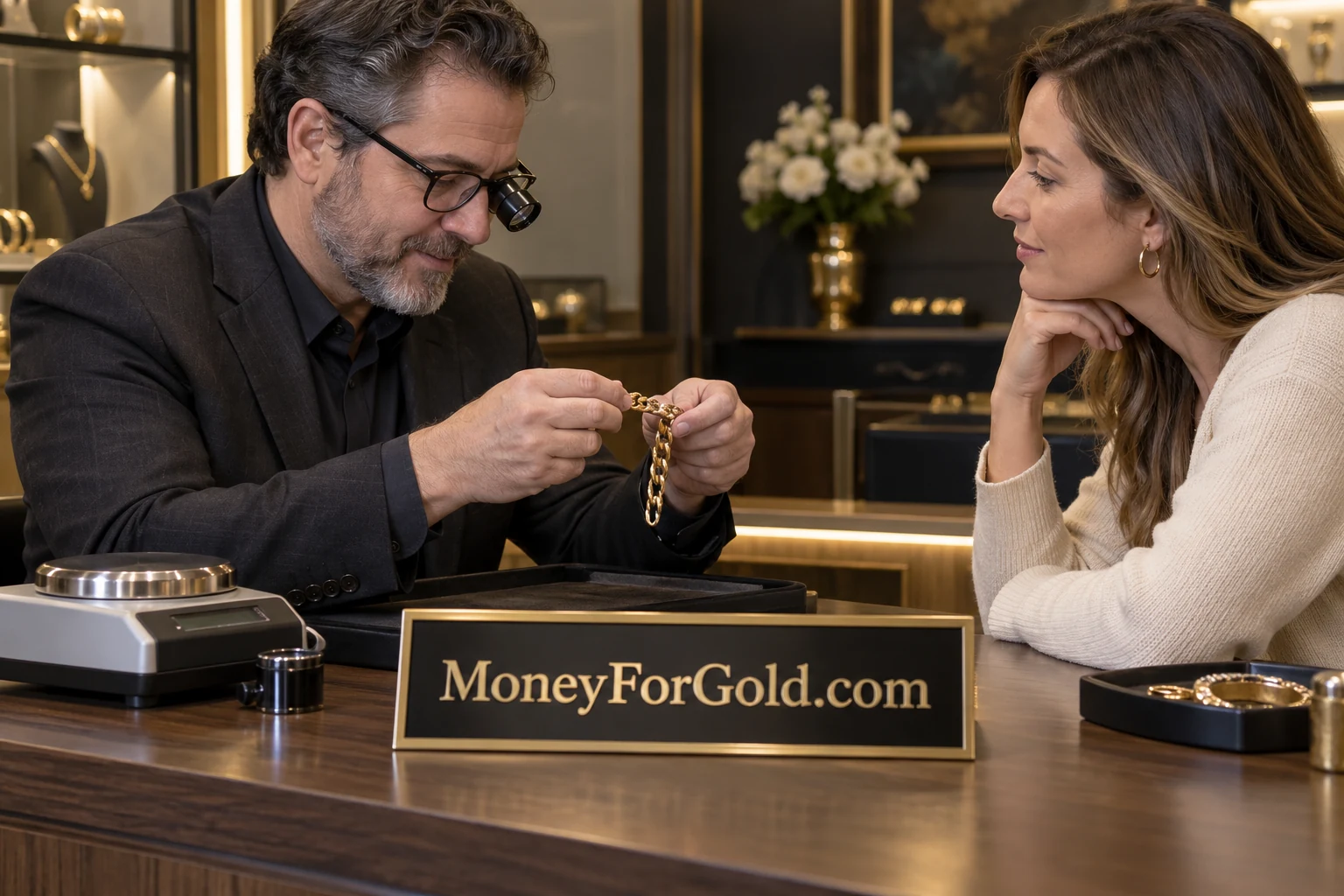 A jewelry buyer discussing an assessment in a MoneyForGold.com consultation setting