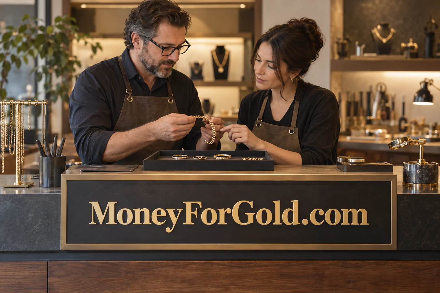 Independent jewelers discussing a referral arrangement with MoneyForGold.com signage