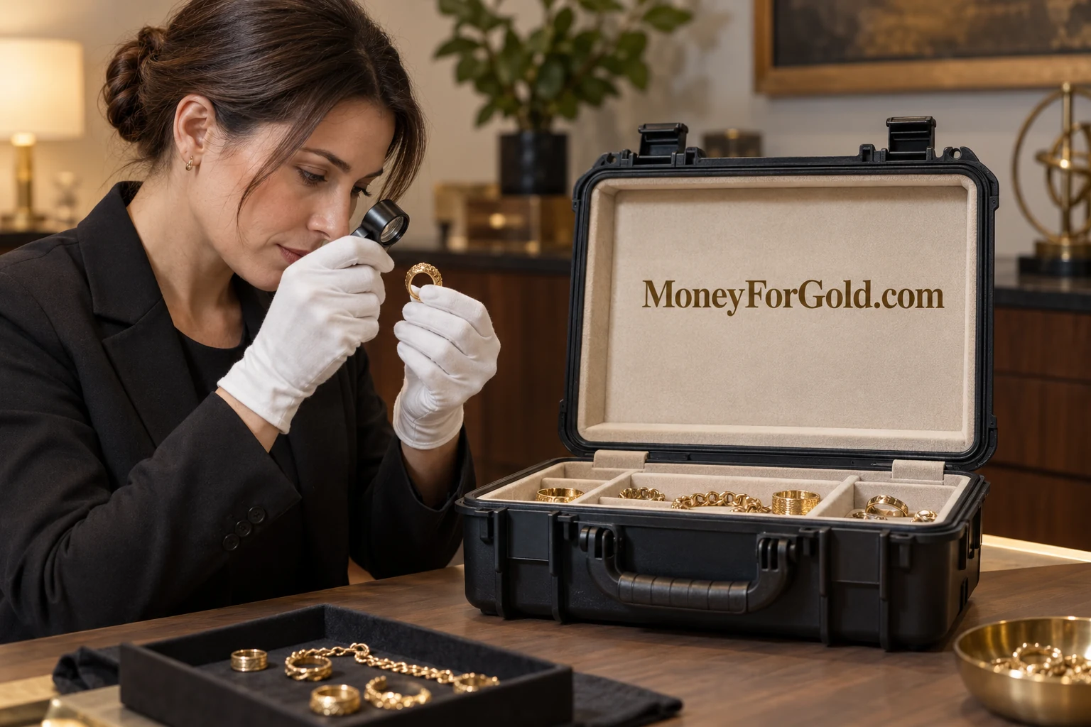 A jewelry intake specialist inspecting a shipment at a MoneyForGold.com evaluation bench